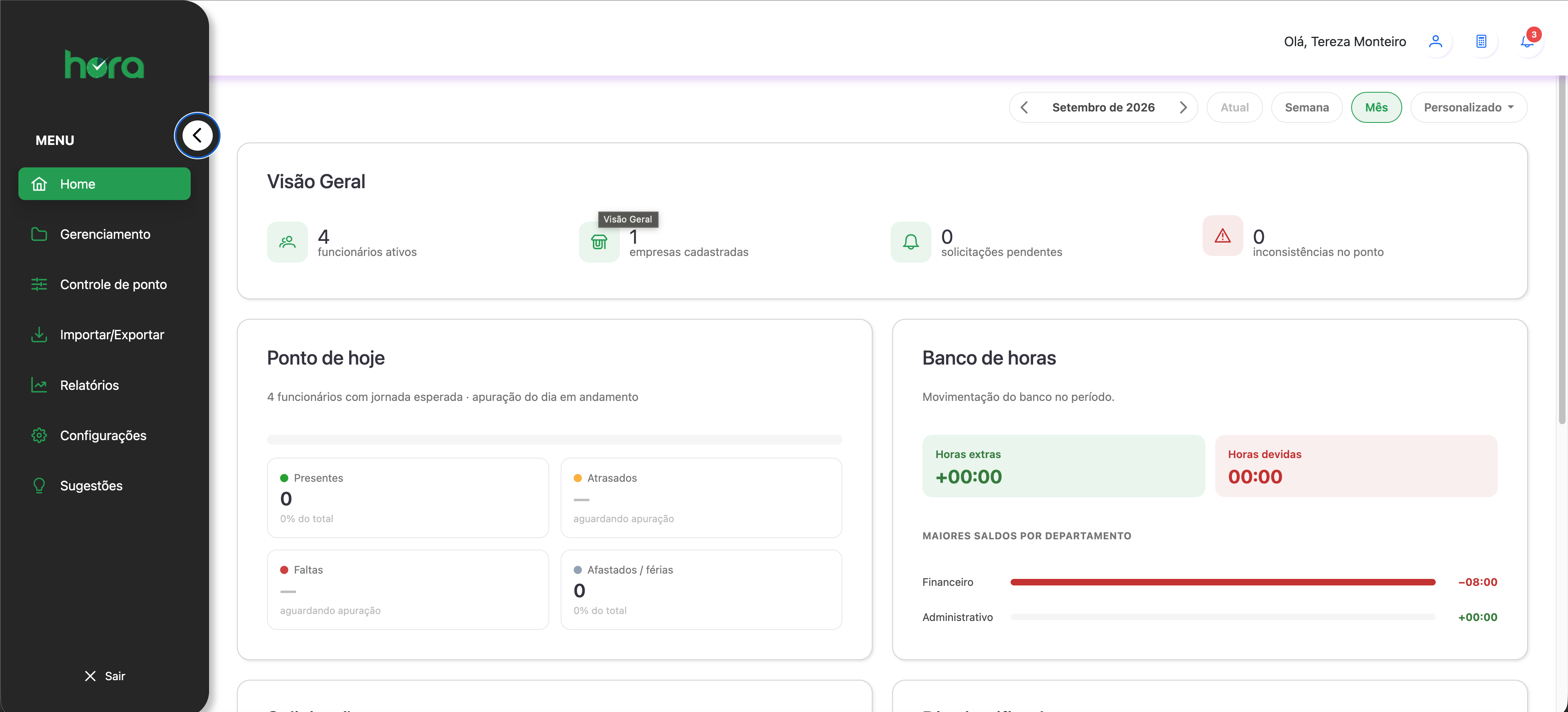 Painel gerencial do HPonto com visão de jornada e banco de horas
