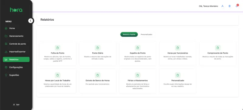 Área de relatórios de controle de ponto do HPonto