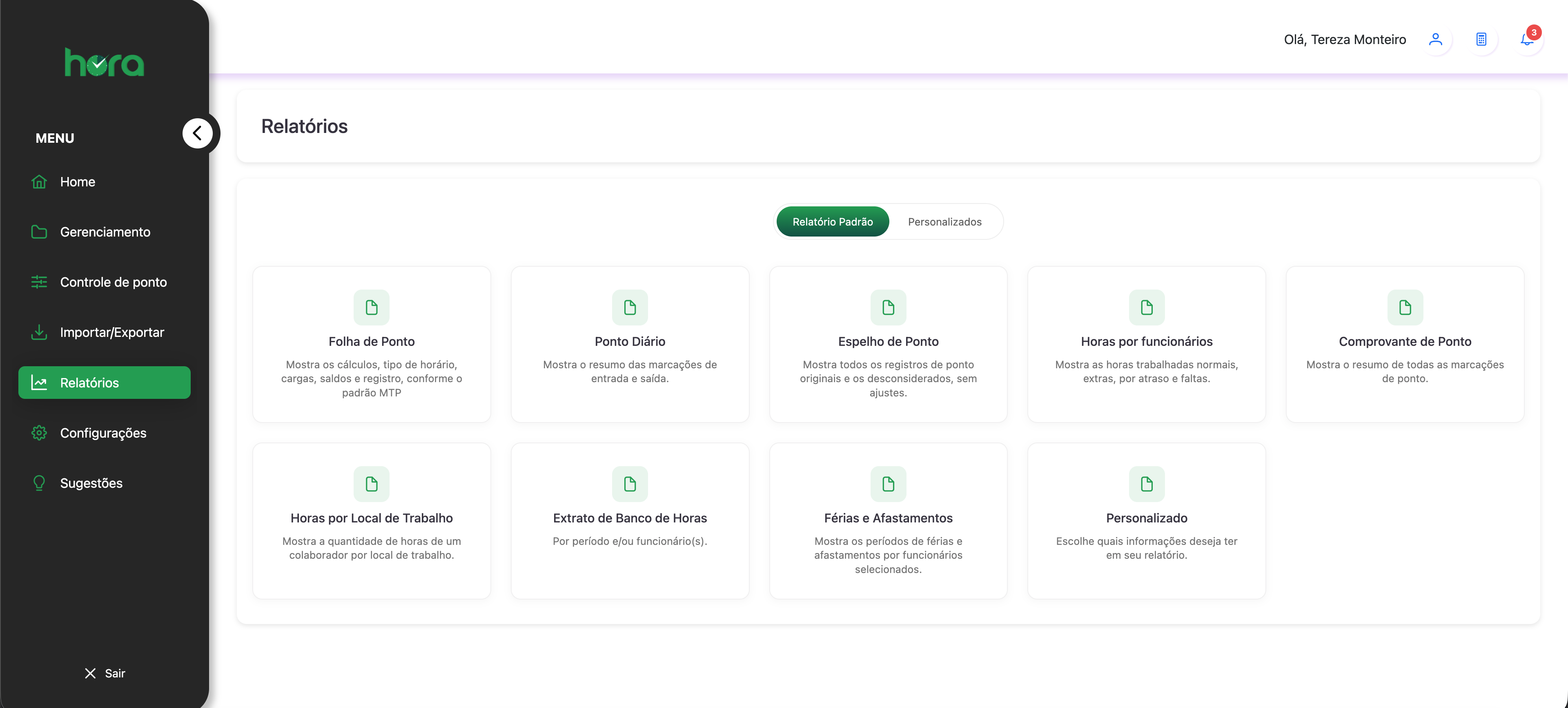 Área de relatórios de controle de ponto do HPonto