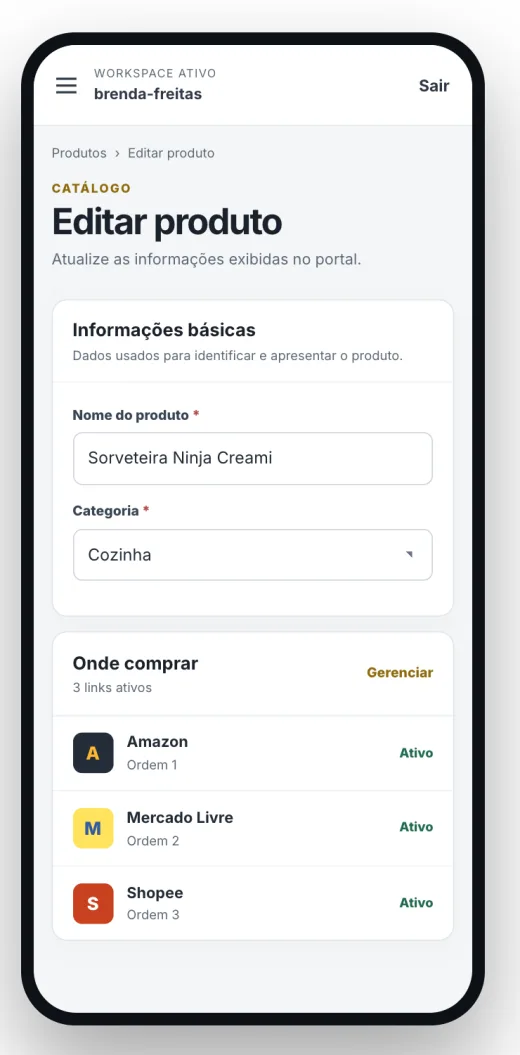 Tela de edição de produto do Yonde com links para Amazon, Mercado Livre e Shopee
